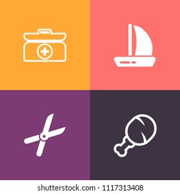 Modern, simple vector icon set on colorful background with sail, healthcare, help, restaurant, chicken, tool, food, sailboat, emergency, equipment, travel, metal, garden, sandwich, aid, medical icons