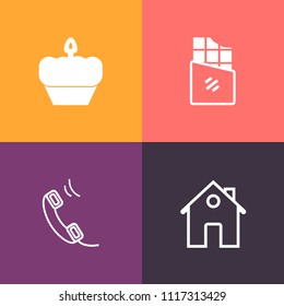 Modern, simple vector icon set on colorful background with telephone, bakery, delicious, cafe, brown, snack, bar, communication, construction, tasty, architecture, sweet, white, property, call icons