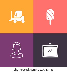 Modern, simple vector icon set on colorful background with home, food, avatar, refreshing, entertainment, ice, business, dessert, summer, stick, car, service, television, shipping, media, snack icons