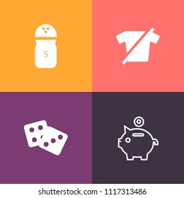 Modern, simple vector icon set on colorful background with sign, economy, casino, salt, spice, investment, win, business, money, kitchen, coin, financial, success, fashion, cuisine, banking, pig icons
