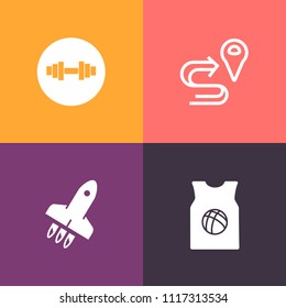 Modern, simple vector icon set on colorful background with location, road, spaceship, direction, sign, barbell, health, basketball, weight, game, training, healthy, gps, shirt, athletic, pointer icons