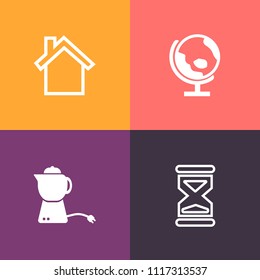 Modern, simple vector icon set on colorful background with hourglass, timer, modern, pot, mobile, travel, sand, internet, device, countdown, graphic, hot, continent, planet, watch, breakfast icons