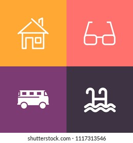 Modern, simple vector icon set on colorful background with pool, frame, vehicle, architecture, urban, traffic, real, construction, residential, sport, building, house, door, city, wave, exterior icons