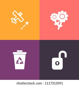 Modern, simple vector icon set on colorful background with petal, waste, ecology, flight, protection, air, can, safety, aircraft, fly, recycle, tourism, web, white, aviation, garden, trash, safe icons