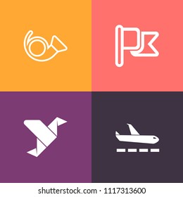 Modern, simple vector icon set on colorful background with equipment, airplane, brass, banner, creative, graphic, sound, transportation, national, origami, departure, luggage, plane, flag, art icons