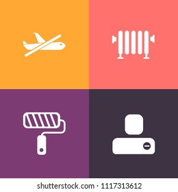 Modern, simple vector icon set on colorful background with paint, transportation, friend, plane, heater, airport, water, wall, gas, hot, temperature, warm, roll, user, painter, roller, business icons
