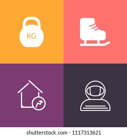 Modern, simple vector icon set on colorful background with price, skater, sign, space, activity, universe, market, lifting, rink, house, kilogram, real, astronaut, business, healthy, exercise icons