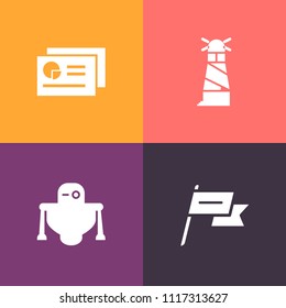 Modern, simple vector icon set on colorful background with lighthouse, data, wind, science, robotic, fabric, future, state, house, tower, graph, machine, waving, patriotism, digital, futuristic icons