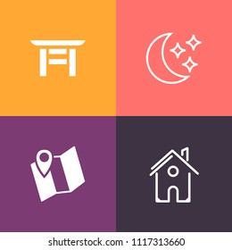 Modern, simple vector icon set on colorful background with light, architecture, pin, sleep, astronomy, traditional, property, navigation, housing, water, sky, asia, door, space, travel, religion icons