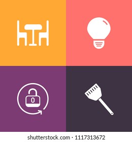 Modern, simple vector icon set on colorful background with restaurant, padlock, simple, password, food, secure, office, seat, electricity, safe, black, background, bulb, open, security, table icons