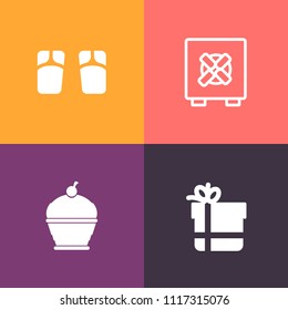 Modern, simple vector icon set on colorful background with summer, birthday, safety, bow, beach, delicious, holiday, system, box, sandal, storage, christmas, vacation, cake, flip, business, gift icons