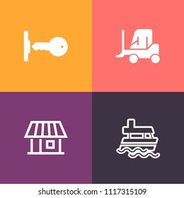 Modern, simple vector icon set on colorful background with truck, cruise, modern, secure, building, sign, commercial, service, transport, sea, lock, car, ocean, window, access, key, sail, unlock icons