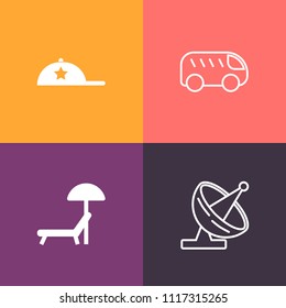 Modern, simple vector icon set on colorful background with chair, internet, direction, pointer, technology, antenna, city, uniform, fashion, umbrella, arrow, style, wear, transportation, highway icons