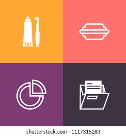 Modern, simple vector icon set on colorful background with open, brush, data, dental, empty, health, graphic, onion, graph, file, pie, paper, presentation, burger, hygiene, office, cheese, clean icons
