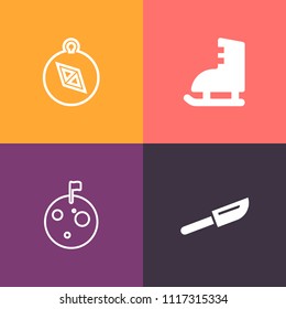 Modern, simple vector icon set on colorful background with ice, flag, activity, restaurant, planet, moon, travel, cutlery, kitchen, star, lunch, navigation, figure, shoe, astronaut, knife, west icons