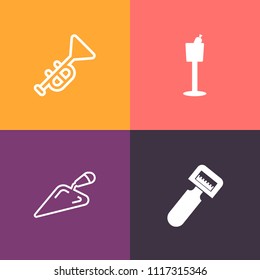 Modern, simple vector icon set on colorful background with cabernet, hammer, blade, wind, peel, background, equipment, trumpet, alcohol, red, instrument, bugle, dinner, plastic, preparation icons