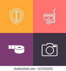 Modern, simple vector icon set on colorful background with lens, underwater, professional, web, sea, water, packing, sport, safe, protection, roll, digital, tape, focus, sign, photo, summer icons