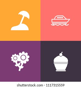 Modern, simple vector icon set on colorful background with white, water, nautical, cream, sugar, bakery, island, motor, tree, spring, petal, tasty, wave, blossom, palm, yacht, bloom, baked, cake icons