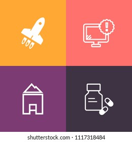 Modern, simple vector icon set on colorful background with sign, architecture, home, speed, pc, vitamin, spaceship, computer, medicine, future, health, desktop, science, virus, problem, medical icons