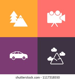 Modern, simple vector icon set on colorful background with transportation, green, conference, peak, panorama, plant, park, white, blue, technology, chain, left, business, mountain, trunk, cinema icons