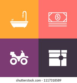 Modern, simple vector icon set on colorful background with home, concept, money, sign, bow, box, ribbon, investment, banking, package, cash, dirt, coin, holiday, gift, riding, shower, currency icons