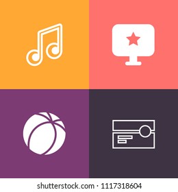 Modern, simple vector icon set on colorful background with tape, old, game, element, audio, key, sign, champion, melody, soccer, decoration, football, sound, stereo, treble, team, vintage, clef icons