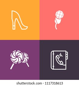 Modern, simple vector icon set on colorful background with concert, stick, phone, elegant, beauty, sign, heel, lolly, candy, shoe, high, striped, woman, white, beautiful, sweet, voice, music icons