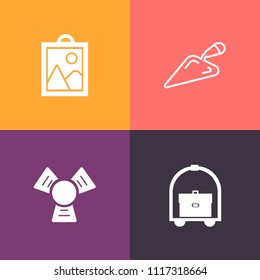 Modern, simple vector icon set on colorful background with bed, restaurant, screwdriver, background, work, safe, travel, instrument, equipment, cooler, container, album, cool, tourism, wrench icons