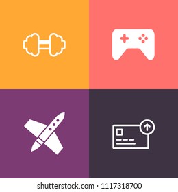 Modern, simple vector icon set on colorful background with sport, fitness, satellite, technology, button, coin, game, investment, cash, science, exercise, healthy, computer, currency, finance icons