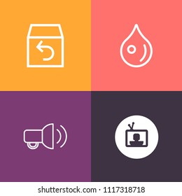 Modern, simple vector icon set on colorful background with show, box, speaker, abstract, environment, shipment, television, drop, water, wet, loudspeaker, technology, megaphone, aqua, package icons