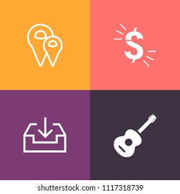 Modern, simple vector icon set on colorful background with location, direction, web, navigation, graphic, arrow, place, street, money, map, price, sign, finance, jazz, gps, travel, website, city icons