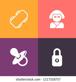 Modern, simple vector icon set on colorful background with asia, soother, childhood, skateboarder, sport, urban, skateboarding, security, costume, kimono, sign, child, protection, young, white icons