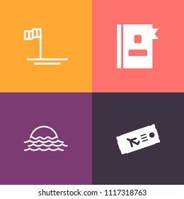 Modern, simple vector icon set on colorful background with nature, green, view, pass, light, sunset, sun, water, fly, sea of cortes, beach, number, phone, journey, sea, book, information, mexico icons