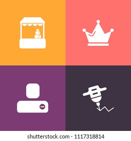 Modern, simple vector icon set on colorful background with market, metal, food, business, delete, commerce, queen, industry, cart, king, fresh, princess, repair, human, element, royal, shop, buy icons