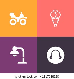 Modern, simple vector icon set on colorful background with desert, terrain, light, cold, adventure, motor, food, wheel, vanilla, transportation, headphone, sweet, decor, summer, outdoor, quad icons