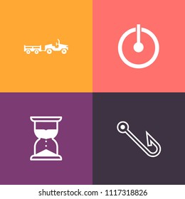 Modern, simple vector icon set on colorful background with sand, timer, fishing, switch, electric, control, water, equipment, catch, hook, push, flow, time, bait, transportation, minute, off icons