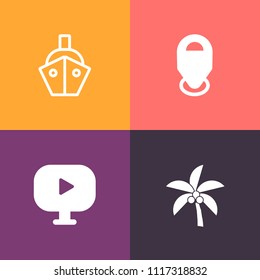 Modern, simple vector icon set on colorful background with ocean, sign, tropical, ship, transportation, pin, tree, media, web, leaf, business, button, travel, map, gps, summer, plant, marker icons
