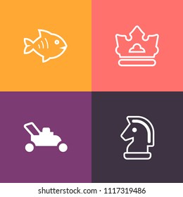 Modern, simple vector icon set on colorful background with strategy, decoration, king, ocean, grass, jewelry, challenge, healthy, lawn, equipment, piece, knight, engine, royal, fishing, water icons