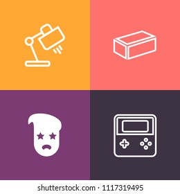 Modern, simple vector icon set on colorful background with building, room, graphic, style, desk, button, background, equipment, sign, lamp, fashion, interior, web, brick, metal, house, old, art icons