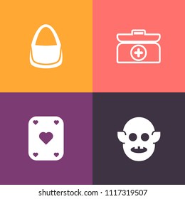 Modern, simple vector icon set on colorful background with kit, purse, healthcare, character, bag, gambling, health, spaceship, fantasy, space, medical, help, ufo, handbag, female, game, first icons