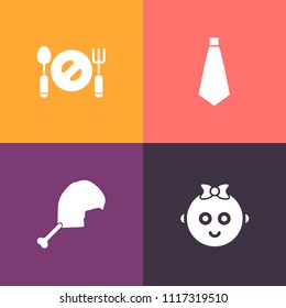 Modern, simple vector icon set on colorful background with style, young, formal, cute, fashion, agriculture, small, people, baby, girl, necktie, white, fork, farm, plate, little, childhood, suit icons