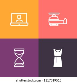 Modern, simple vector icon set on colorful background with helicopter, minute, watch, countdown, clothing, sky, dress, hour, blade, mobile, fly, computer, time, online, rescue, call, young, air icons