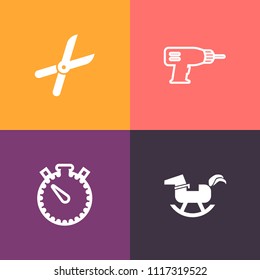 Modern, simple vector icon set on colorful background with toy, time, tool, drill, rubber, secateurs, rocking, construction, watch, cutter, instrument, spring, minute, pruning, bear, work, clock icons