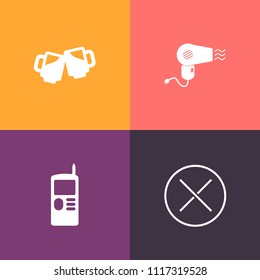 Modern, simple vector icon set on colorful background with hairdryer, barber, old, lager, button, air, liquid, no, element, hairdresser, cancel, salon, close, glass, cold, communication, vintage icons