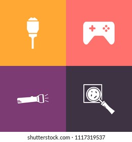 Modern, simple vector icon set on colorful background with magnifier, shine, electric, object, light, search, tool, outdoor, magnifying, game, joystick, city, street, illuminate, magnification icons