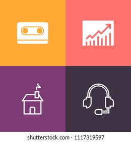 Modern, simple vector icon set on colorful background with home, headset, house, technology, architecture, equipment, concept, style, 80s, profit, center, increase, up, vintage, graph, sound icons