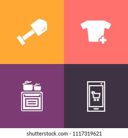 Modern, simple vector icon set on colorful background with t-shirt, mobile, screwdriver, tool, food, device, hammer, cook, modern, textile, tee, smart, wrench, stove, shop, equipment, oven, hand icons