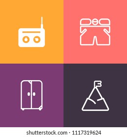 Modern, simple vector icon set on colorful background with fashion, peak, home, landscape, mountain, technology, sport, news, equipment, house, top, uniform, decoration, shirt, wear, blue, snow icons