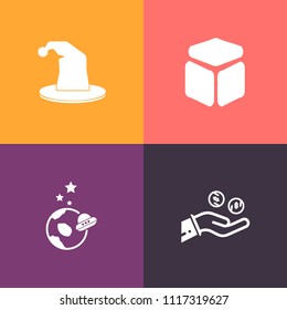 Modern, simple vector icon set on colorful background with space, astronomy, sign, magic, star, entertainment, cube, water, earth, silhouette, cosmos, spaceship, performance, element, science icons