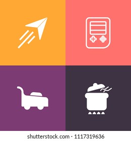 Modern, simple vector icon set on colorful background with lawn, garden, travel, flight, mower, concept, sign, healthy, meal, cook, grass, meat, vegetable, dinner, toy, gardening, fly, origami icons